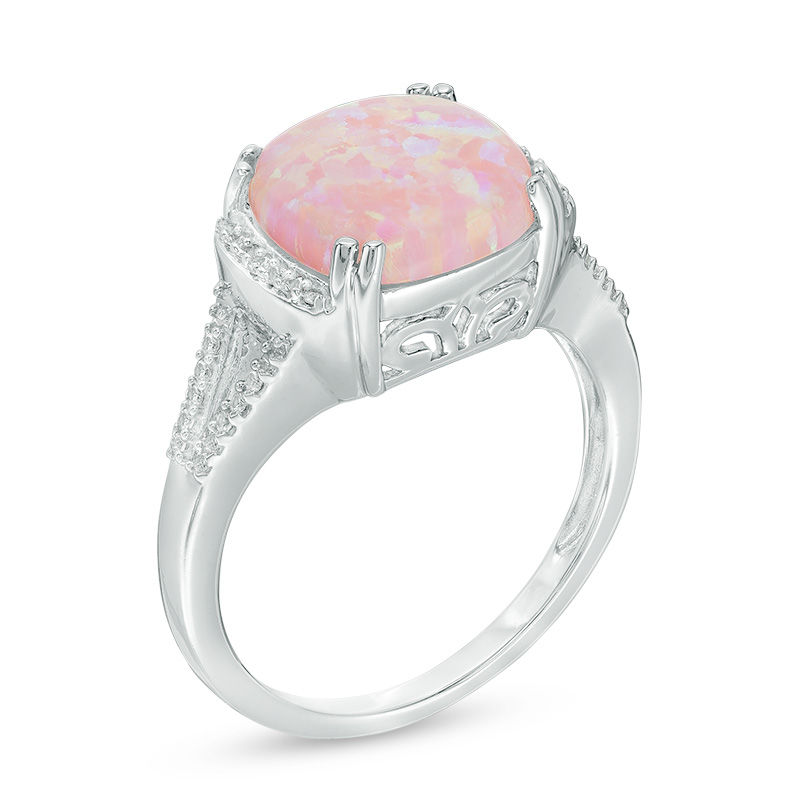 Main Image 2 of 10.0mm Cushion-Cut Lab-Created Pink Opal and White Sapphire Split Shank Ring in Sterling Silver