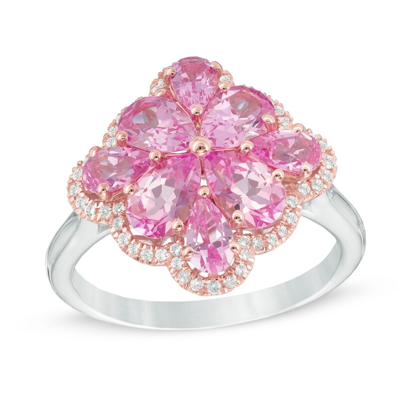 Main Image 1 of Pear-Shaped Lab-Created Pink and White Sapphire Flower Ring in Sterling Silver with 14K Rose Gold Plate