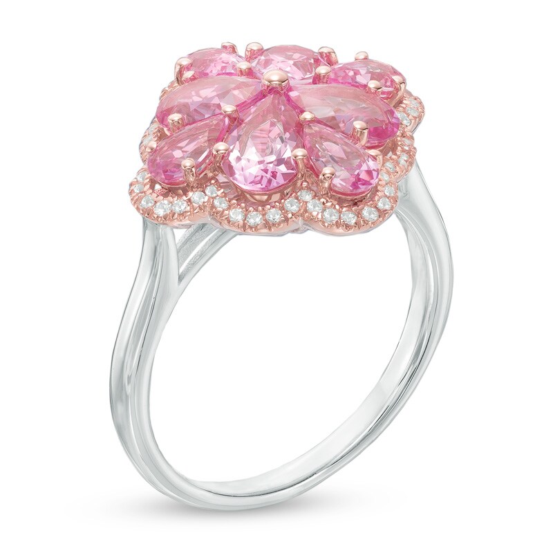 Main Image 2 of Pear-Shaped Lab-Created Pink and White Sapphire Flower Ring in Sterling Silver with 14K Rose Gold Plate