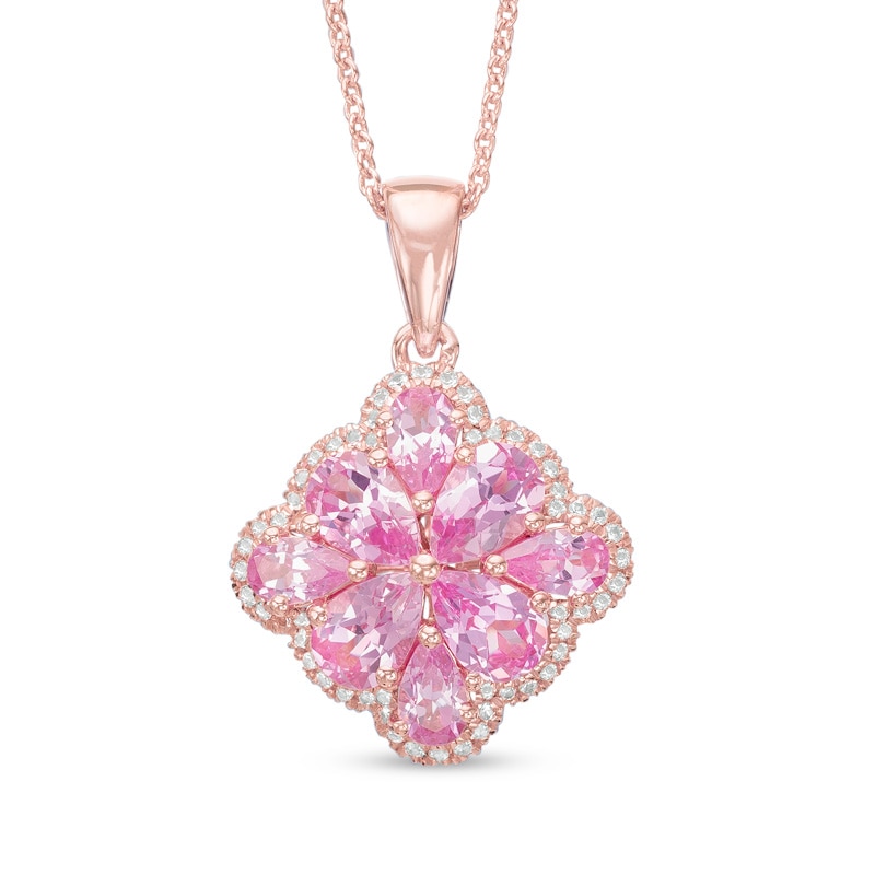 Main Image 1 of Pear-Shaped Lab-Created Pink and White Sapphire Flower Pendant in Sterling Silver with 14K Rose Gold Plate