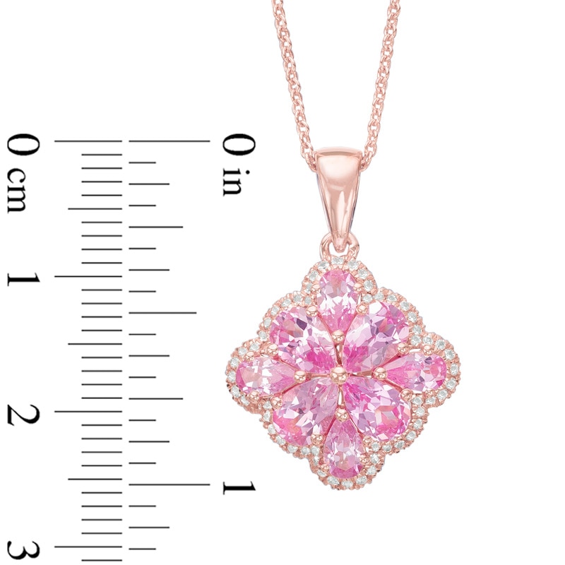 Main Image 2 of Pear-Shaped Lab-Created Pink and White Sapphire Flower Pendant in Sterling Silver with 14K Rose Gold Plate
