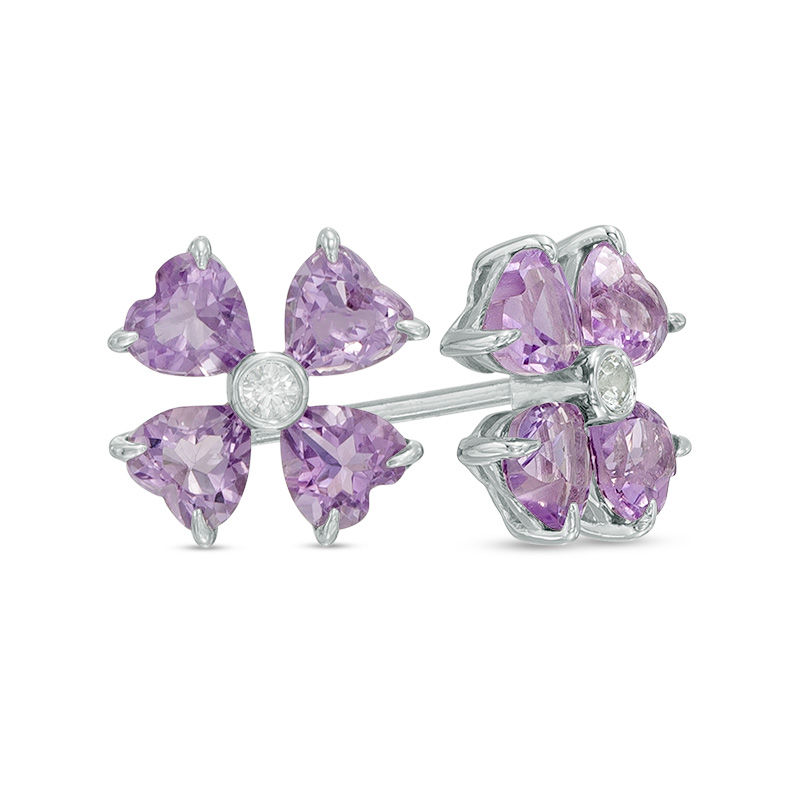 Heart-Shaped Amethyst and Diamond Accent Pinwheel Flower Stud Earrings in Sterling Silver
