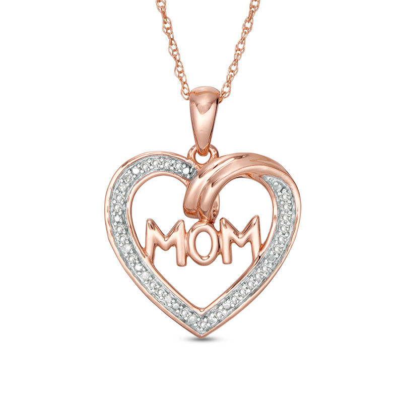 Main Image 1 of 1/10 CT. T.W. Diamond "MOM" Heart Outline Pendant in 10K Rose Gold