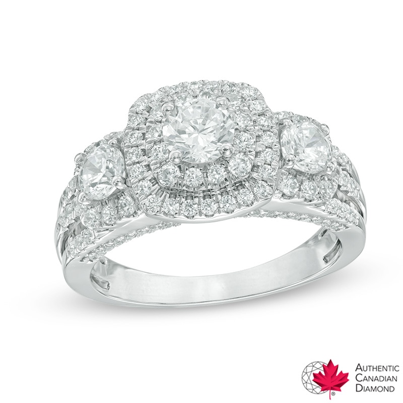 Main Image 1 of 1-1/4 CT. T.W. Certified Canadian Diamond Double Frame Three Stone Engagement Ring in 14K White Gold (I/I2)