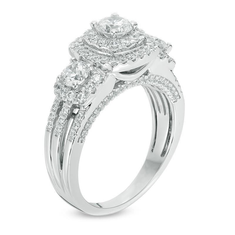 Main Image 2 of 1-1/4 CT. T.W. Certified Canadian Diamond Double Frame Three Stone Engagement Ring in 14K White Gold (I/I2)