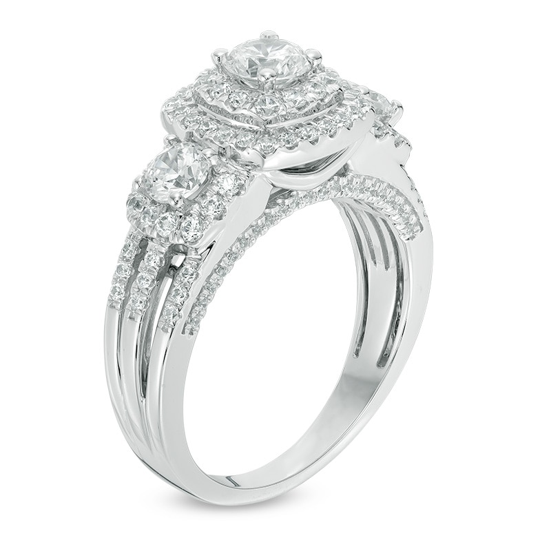 1-1/4 CT. T.W. Certified Canadian Diamond Double Frame Three Stone Engagement Ring in 14K White Gold (I/I2)