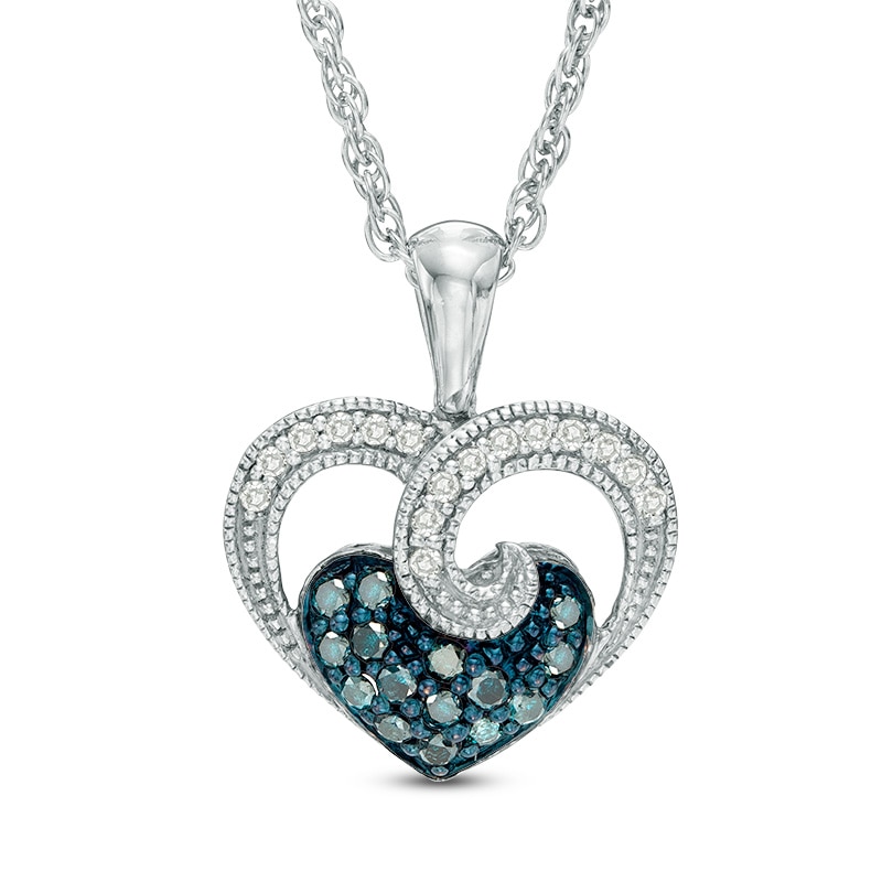 Main Image 1 of 1/4 CT. T.W. Enhanced Blue and White Diamond Vintage-Style Heart Pendant in Sterling Silver