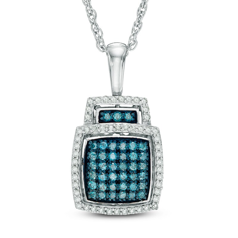 1/2 CT. T.W. Enhanced Blue and White Diamond Cushion Frame Pendant in Sterling Silver