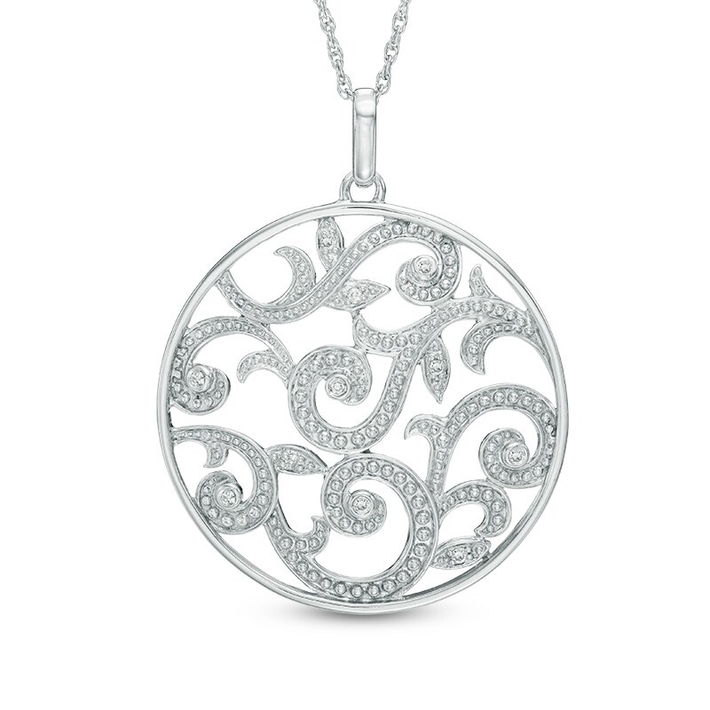 Main Image 1 of 1/8 CT. T.W. Diamond Vine Scroll Circle Pendant in Sterling Silver