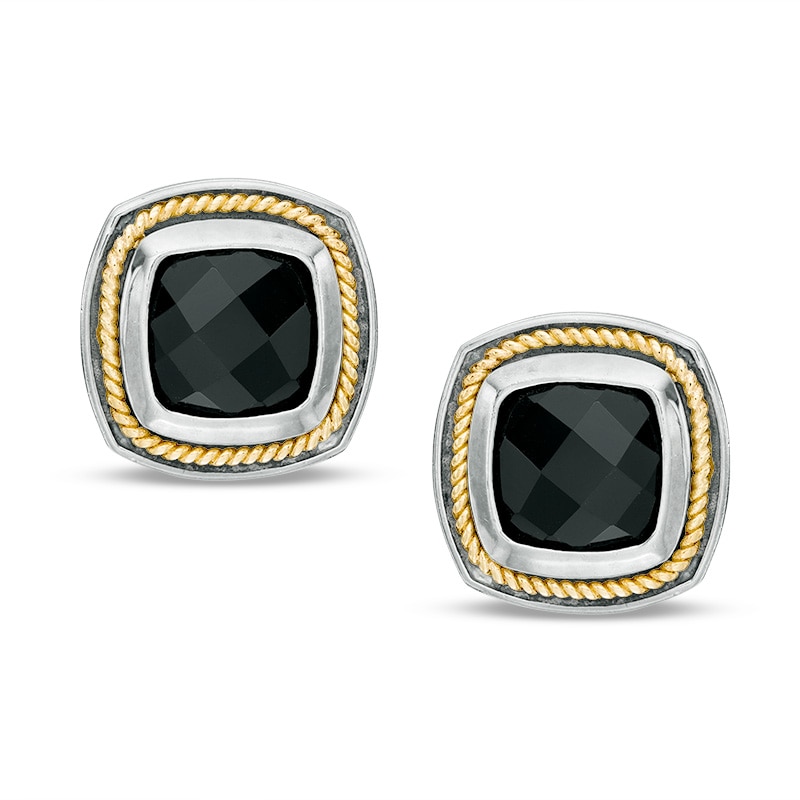 10.0mm Cushion-Cut Onyx Rope Frame Stud Earrings in Sterling Silver and 14K Gold Plate