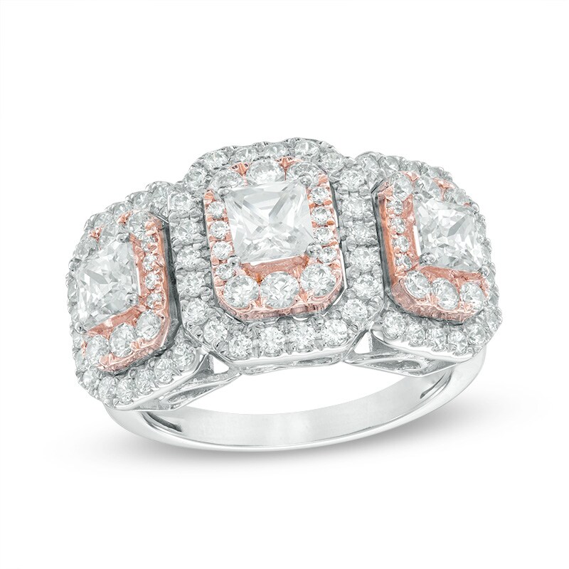 Main Image 1 of 2-1/2 CT. T.W. Princess-Cut Diamond Layered Frame Past Present Future® Ring in 14K Two-Tone Gold