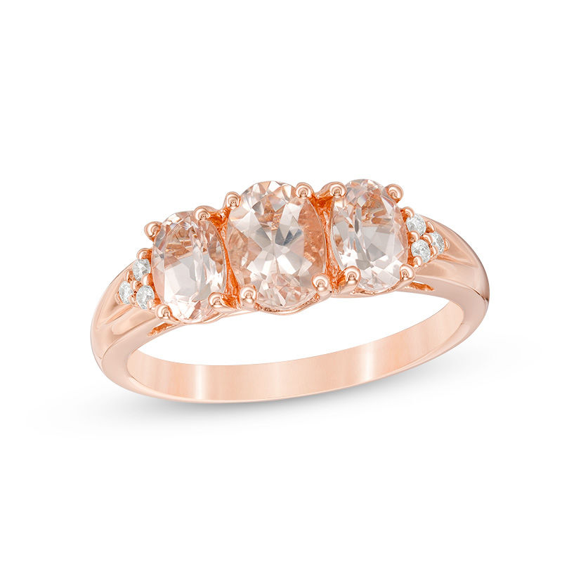Oval Morganite and Diamond Accent Three Stone with Tri-Sides Ring in 10K Rose Gold