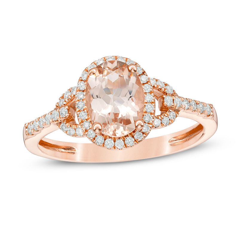 Main Image 1 of Oval Morganite and 1/5 CT. T.W. Diamond Frame Buckle Ring in 14K Rose Gold