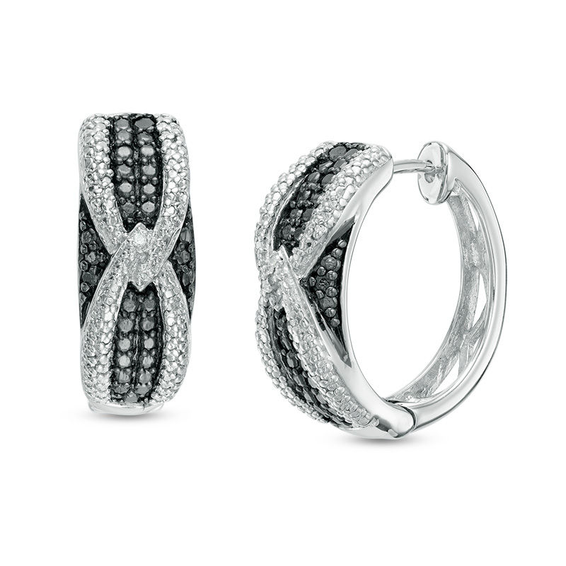 Main Image 1 of Enhanced Black and White Diamond Accent Beaded Hoop Earrings in Sterling Silver