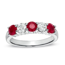 Ruby and 1/3 CT. T.W. Diamond Five Stone Band in 14K White Gold