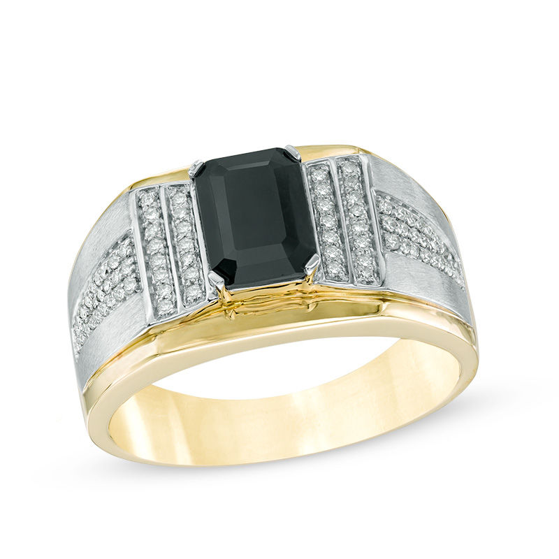 Main Image 1 of Men's Octagonal Black Sapphire and 1/4 CT. T.W. Diamond Ring in 10K Two-Tone Gold