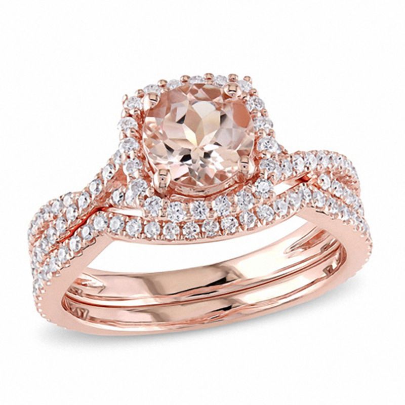 6.5mm Morganite and 3/4 CT. T.W. Diamond Square Frame Bridal Set in 14K Rose Gold