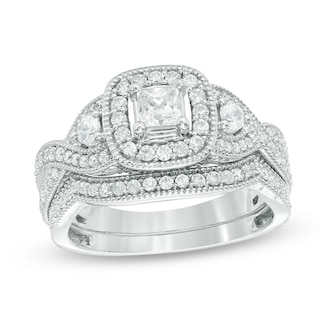1 Ct T W Princess Cut Diamond Frame Vintage Style Bridal Set In