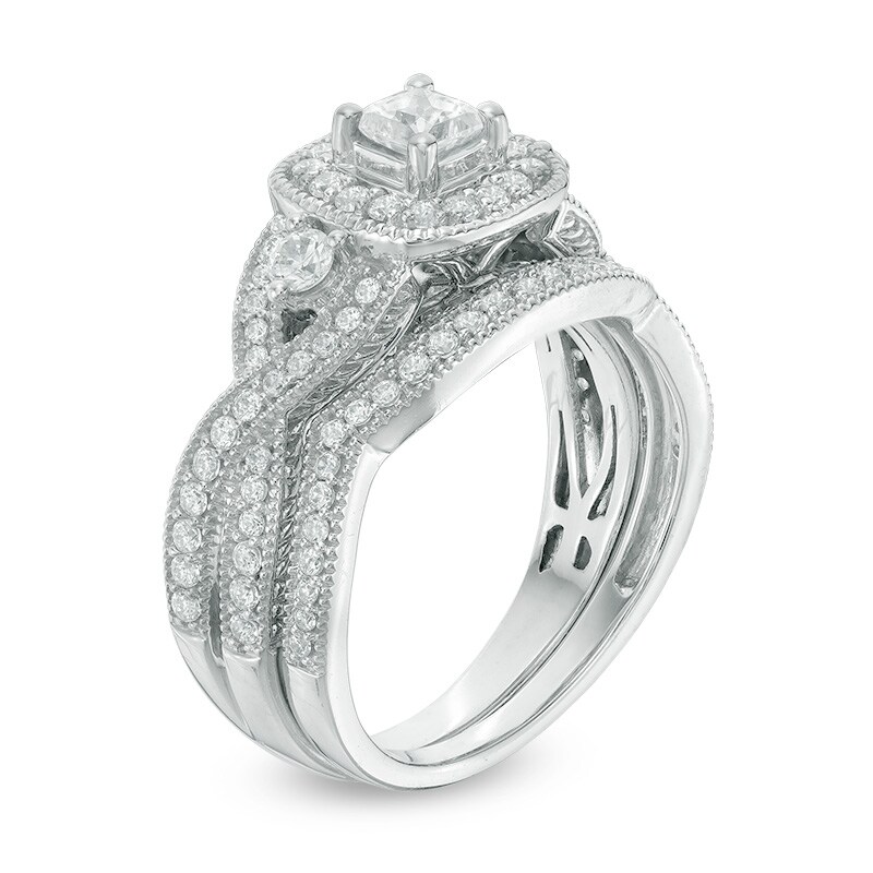 Main Image 2 of 1 CT. T.W. Princess-Cut Diamond Frame Vintage-Style Bridal Set in 14K White Gold