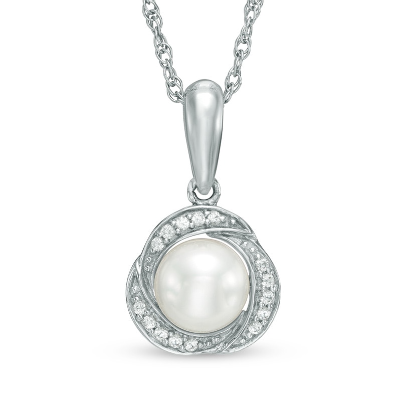 Main Image 1 of 7.0mm Freshwater Cultured Pearl and Lab-Created White Sapphire Swirl Frame Pendant in Sterling Silver