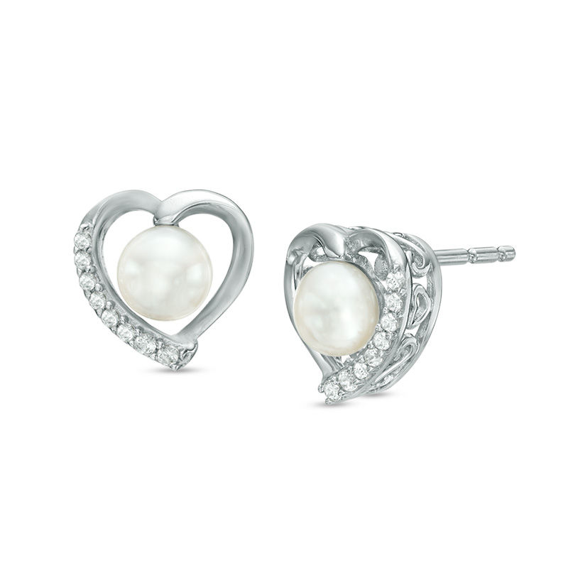 5.0mm Cultured Freshwater Pearl and Lab-Created White Sapphire Heart Stud Earrings in Sterling Silver