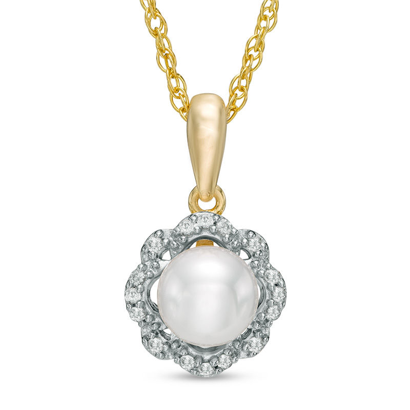 Main Image 1 of 6.0mm Freshwater Cultured Pearl and Lab-Created White Sapphire Scallop Frame Pendant in 10K Gold