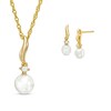 Thumbnail Image 1 of 5.0-6.5mm Freshwater Cultured Pearl and Lab-Created White Sapphire Curve Drop Pendant and Earrings Set in 10K Gold