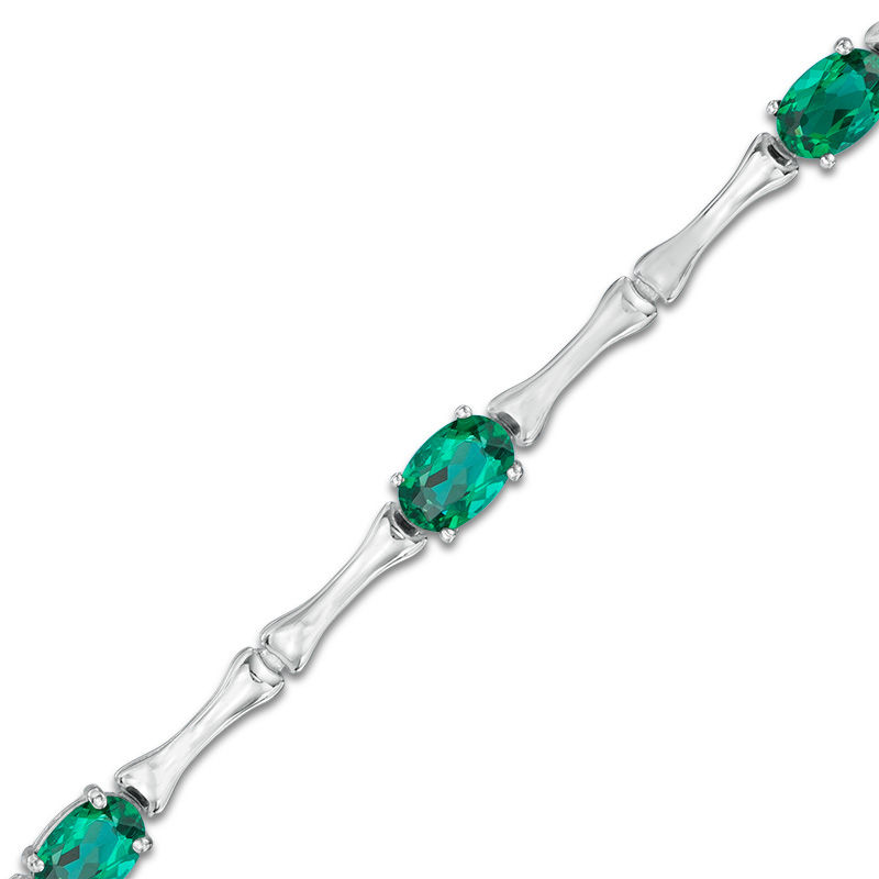 Main Image 1 of Oval Lab-Created Emerald Bamboo Bracelet in Sterling Silver - 7.25"