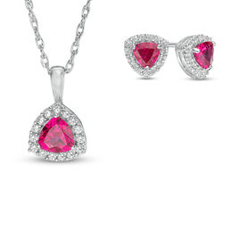Trillion-Cut Lab-Created Ruby and White Sapphire Frame Pendant and Earrings Set in Sterling Silver