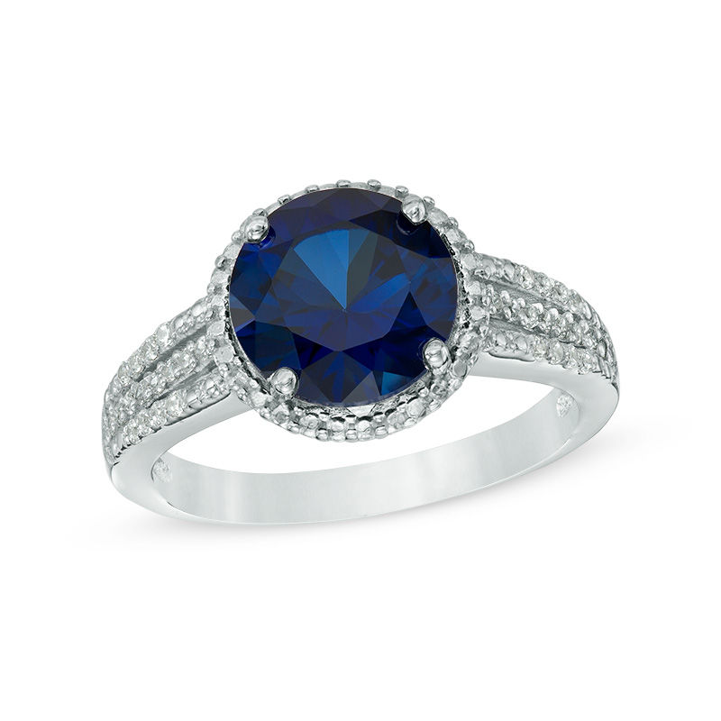 Lab-Created Blue and White Sapphire Frame Ring in Sterling Silver