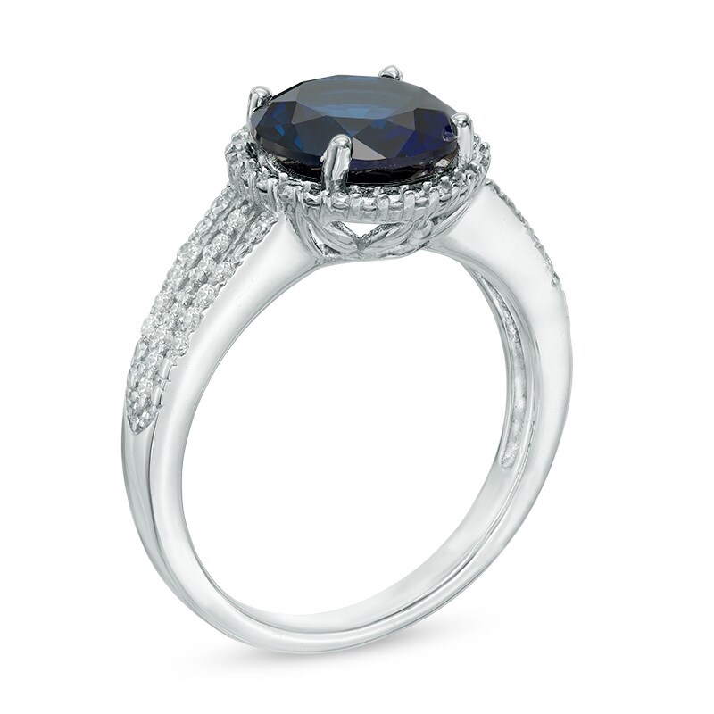 Lab-Created Blue and White Sapphire Frame Ring in Sterling Silver