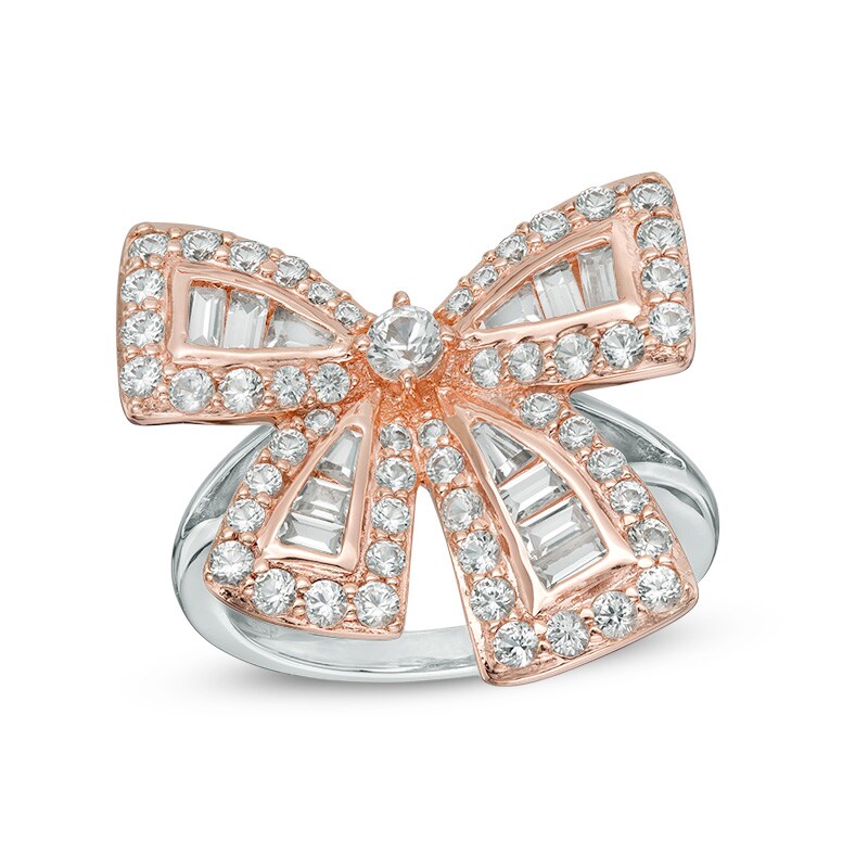 Main Image 1 of Baguette Lab-Created White Sapphire Bow Ring in Sterling Silver and 18K Rose Gold Plate