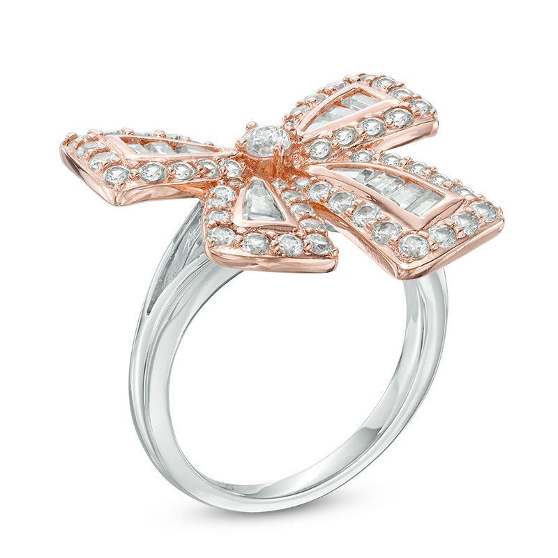 Main Image 2 of Baguette Lab-Created White Sapphire Bow Ring in Sterling Silver and 18K Rose Gold Plate