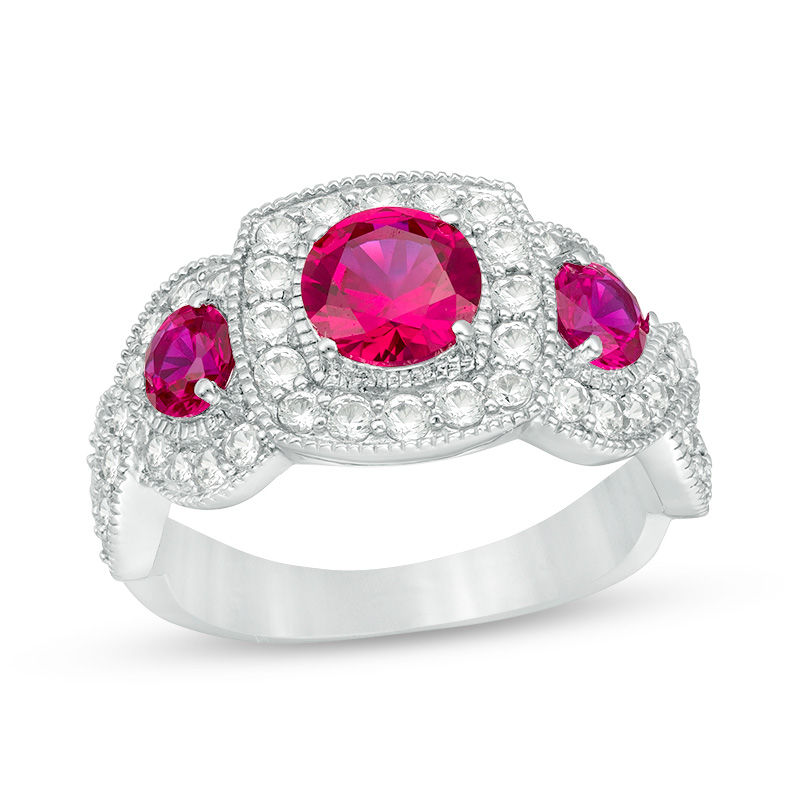 Main Image 1 of Lab-Created Ruby and White Sapphire Vintage-Style Three Stone Ring in Sterling Silver