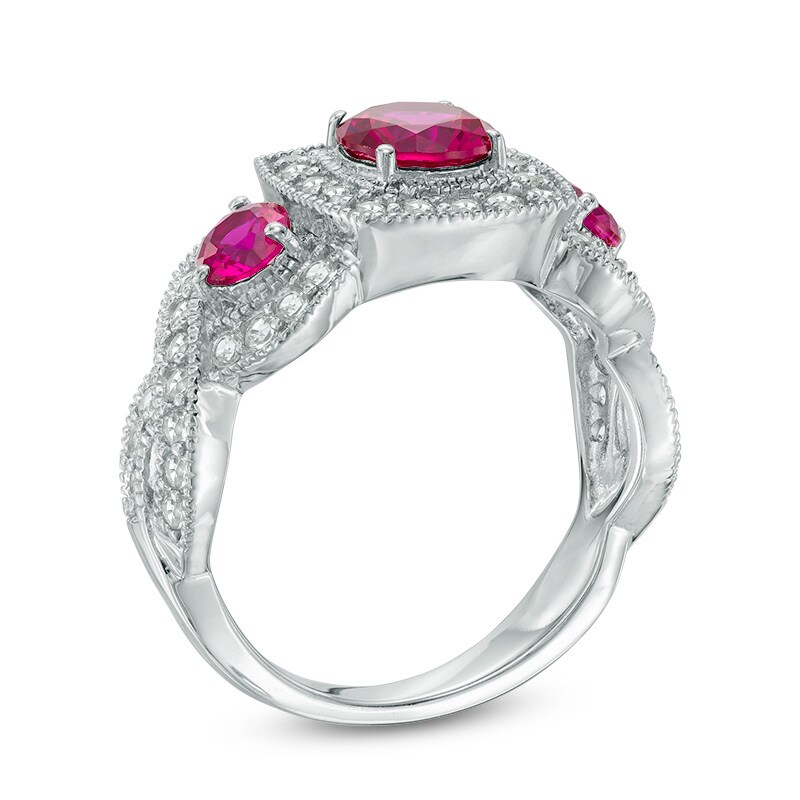 Main Image 2 of Lab-Created Ruby and White Sapphire Vintage-Style Three Stone Ring in Sterling Silver