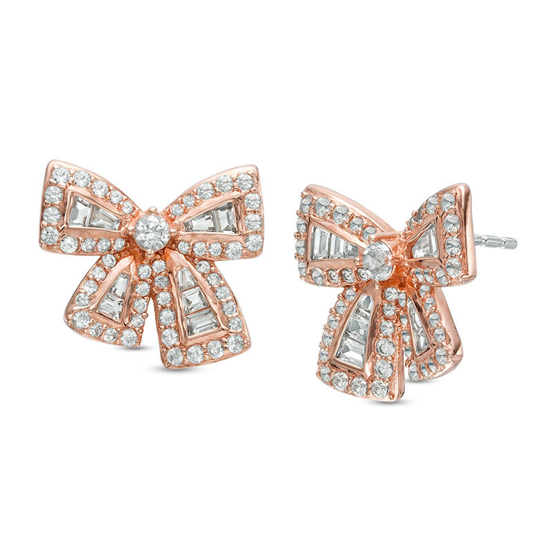 Main Image 1 of Lab-Created White Sapphire Bow Stud Earrings in Sterling Silver with 18K Rose Gold Plate