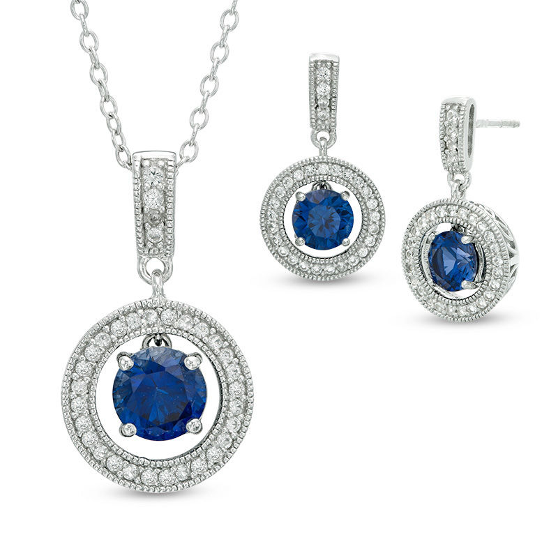 Lab Created Blue And White Shire Vintage Style Pendant Lab Created Blue And White Shire Vintage Style Pendant Earrings Set In Sterling