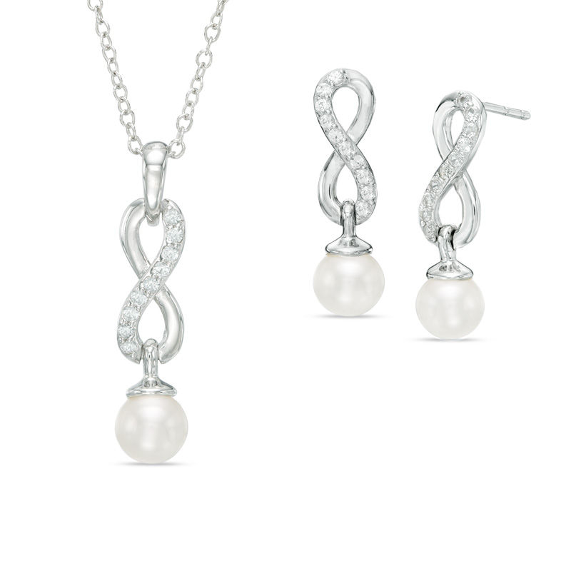 Main Image 1 of Freshwater Cultured Pearl and Lab-Created White Sapphire Infinity Pendant and Earrings Set in Sterling Silver