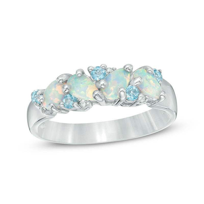 Main Image 1 of Pear-Shaped Lab-Created Opal, White Sapphire and Blue Topaz Band in Sterling Silver