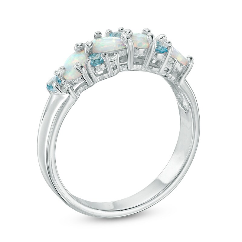 Main Image 2 of Pear-Shaped Lab-Created Opal, White Sapphire and Blue Topaz Band in Sterling Silver