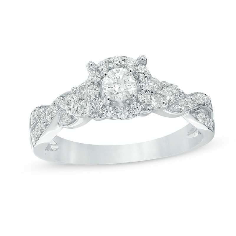 Main Image 1 of 1/2 CT. T.W. Diamond Frame Twist Shank Engagement Ring in 10K White Gold