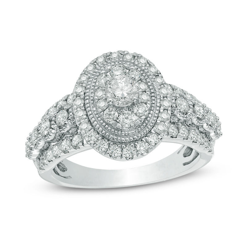Main Image 1 of 1-1/4 CT. T.W. Composite Diamond Oval Frame Vintage-Style Engagement Ring in 14K White Gold