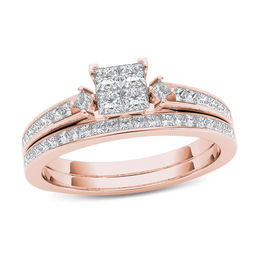 1 CT. T.W. Quad Princess-Cut Multi-Diamond Bridal Set in 14K Rose Gold