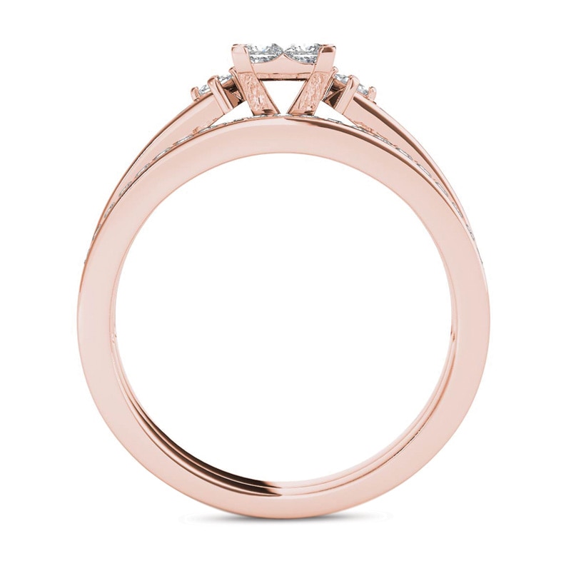 1 CT. T.W. Quad Princess-Cut Multi-Diamond Bridal Set in 14K Rose Gold