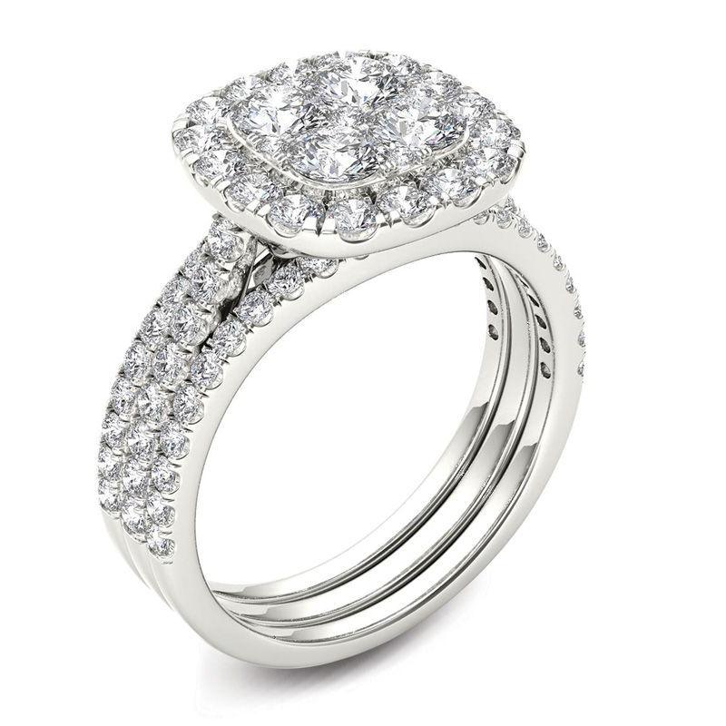 2 CT. T.W. Multi-Diamond Cushion Frame Bridal Set in 14K White Gold
