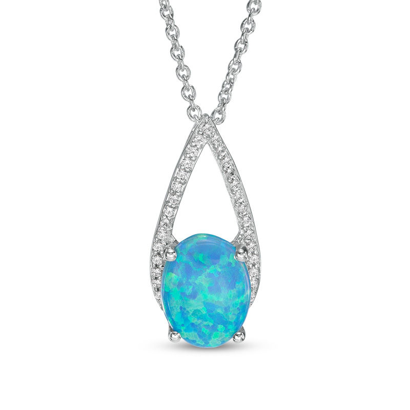 Oval Lab-Created Blue Opal and White Sapphire Teardrop Pendant in Sterling Silver