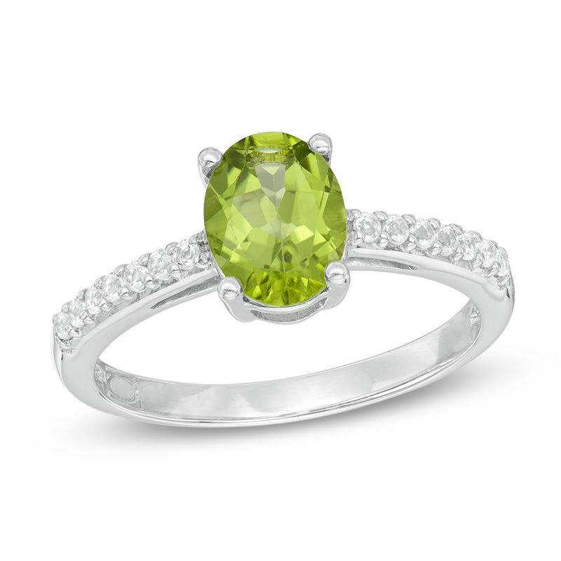 Main Image 1 of Oval Peridot and White Topaz Ring in 10K White Gold