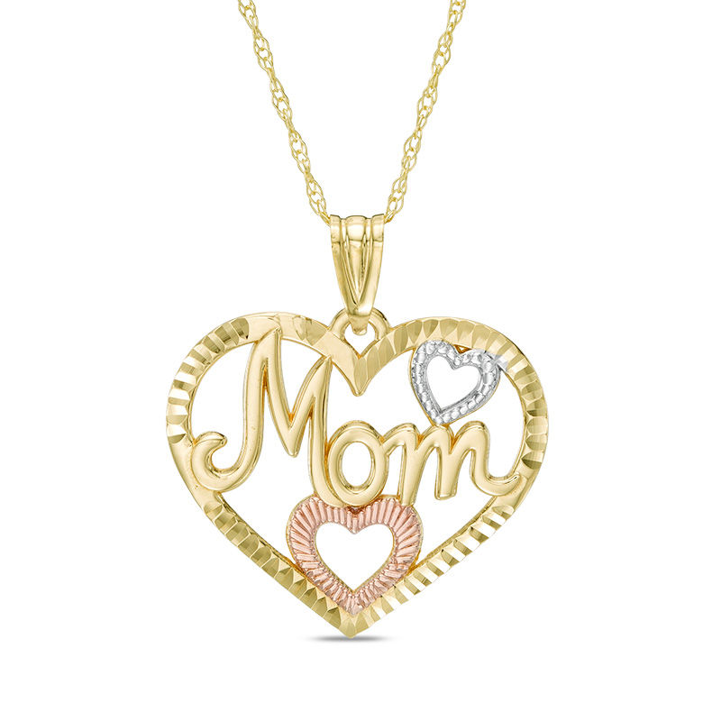 Diamond-Cut Triple Heart "Mom" Pendant in 10K Tri-Tone Gold