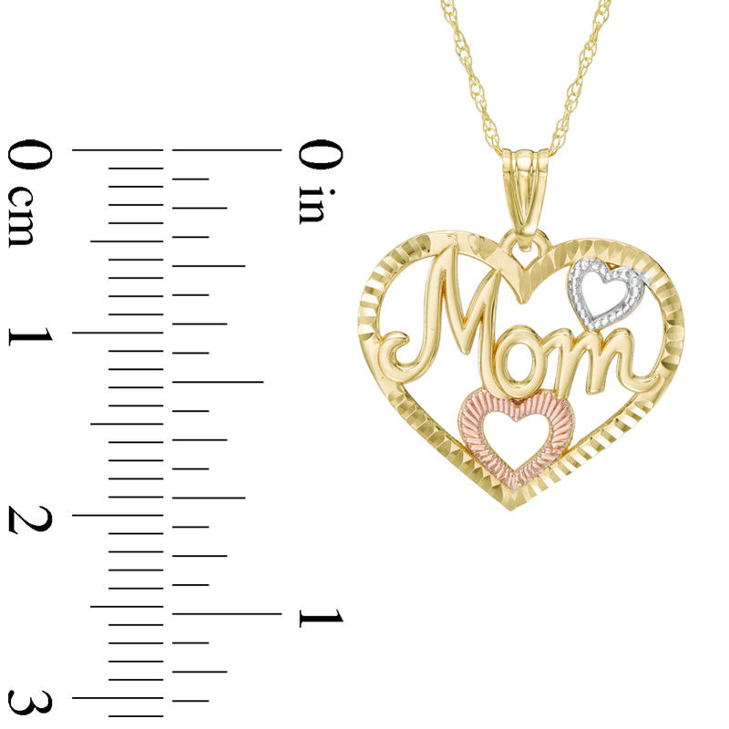 Diamond-Cut Triple Heart "Mom" Pendant in 10K Tri-Tone Gold