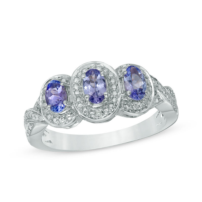 Main Image 1 of Oval Tanzanite and Diamond Accent Frame Three Stone Ring in Sterling Silver